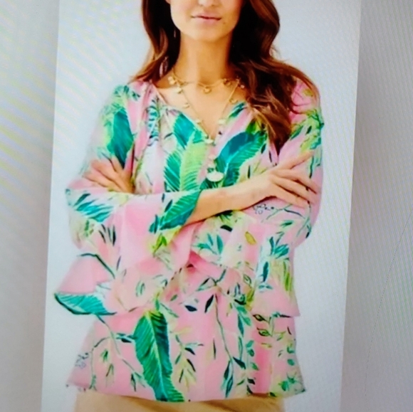 Lilly Pulitzer Tops - Lilly Pulitzer Willa Flounce Bell Sleeve V-tie- Neck Top In Pink Women's Size S